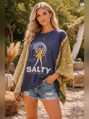 Upcycled Salty Tee With Kantha Sleeves, OS